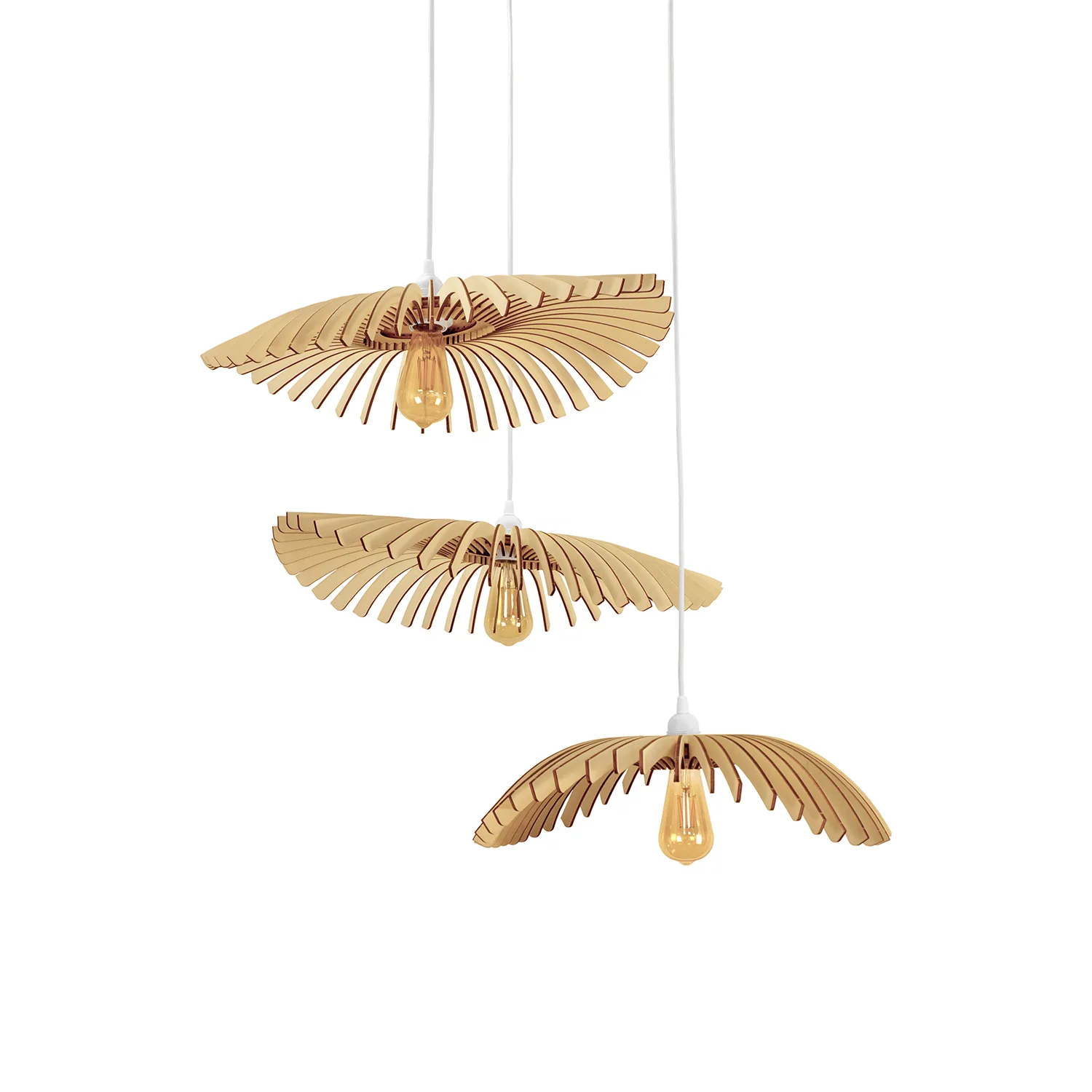 3 luminaires design en bois fond blanc