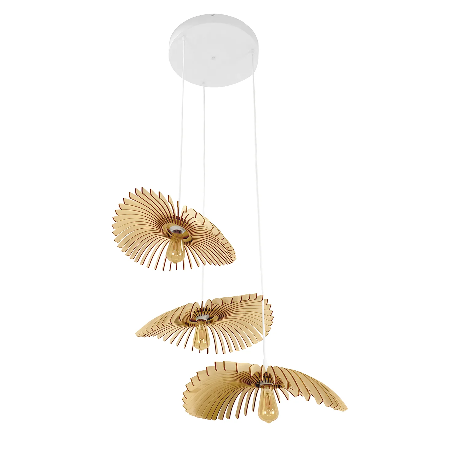 3 Design-Leuchten aus Holz und rundem Sockel weißer Hintergrund