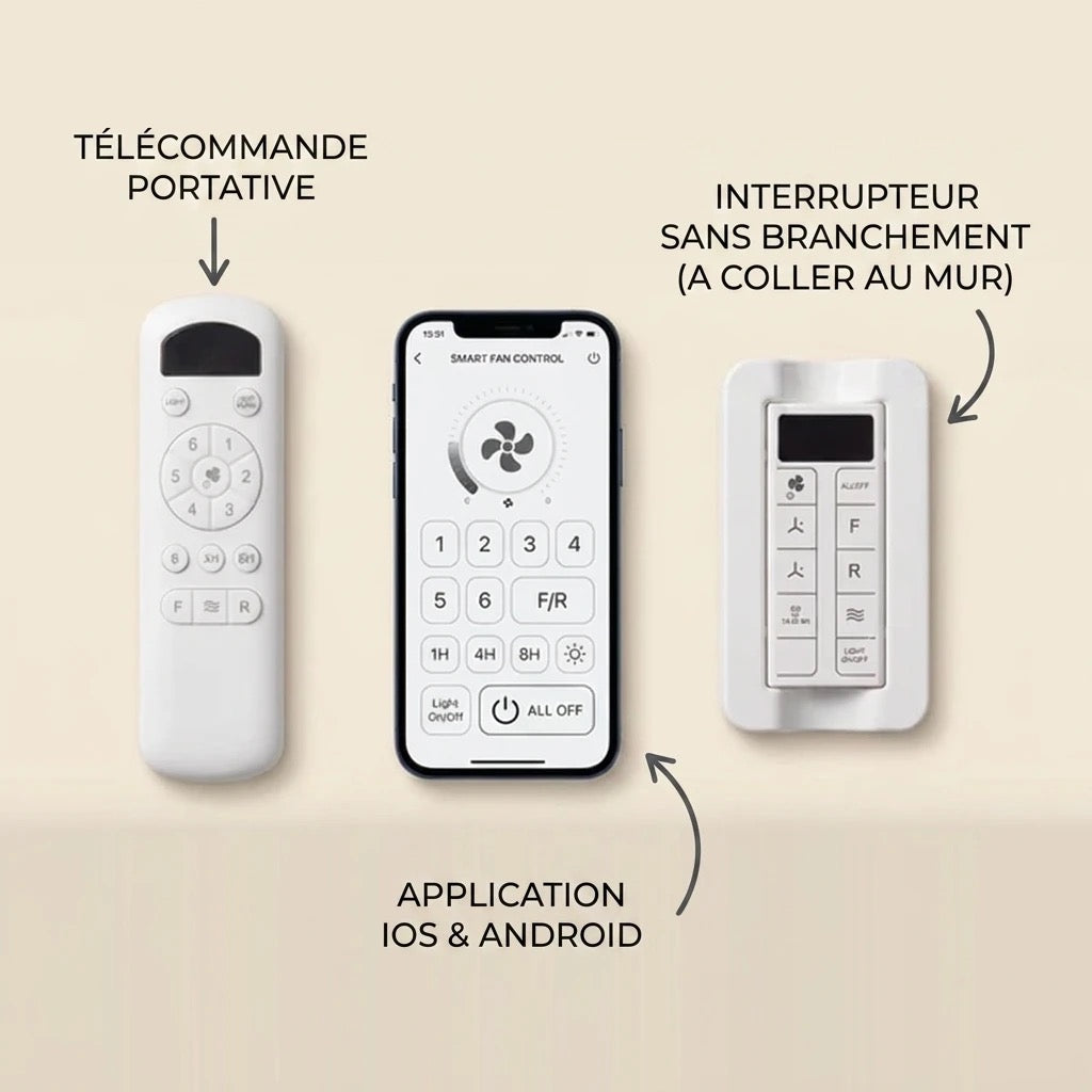 Commandes du ventilateur : télécommande, interrupteur mural et application