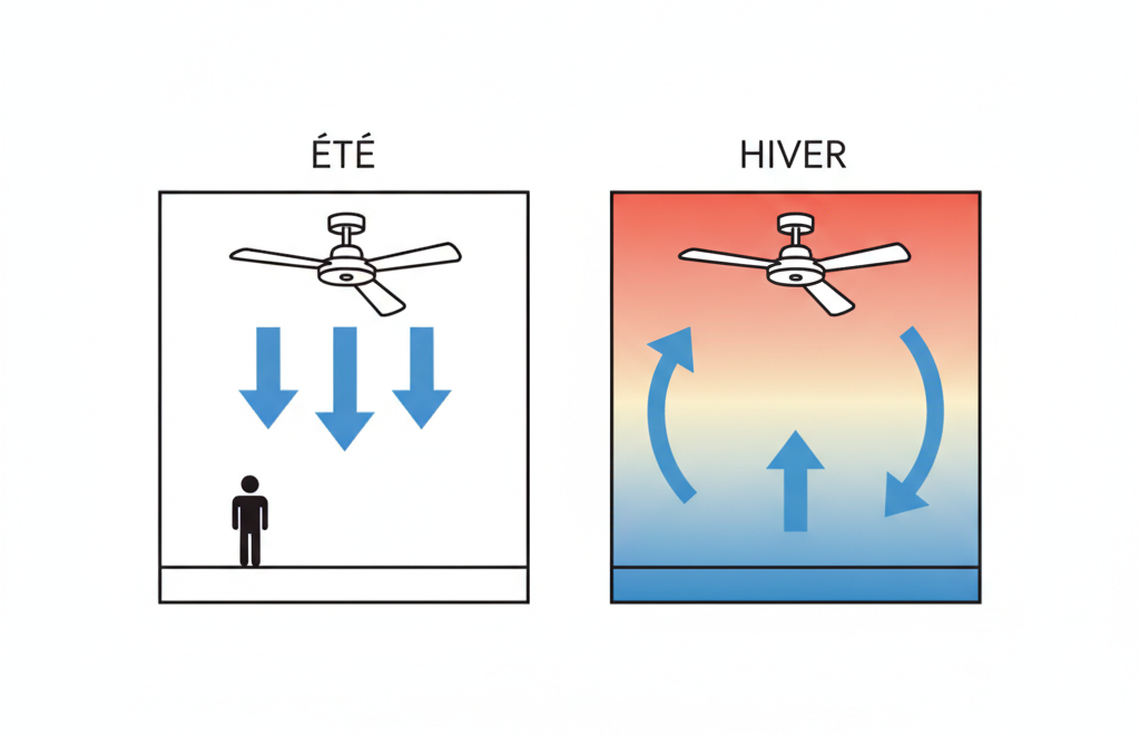 Sens de rotation été (flux descendant) et hiver (redistribution de la chaleur)